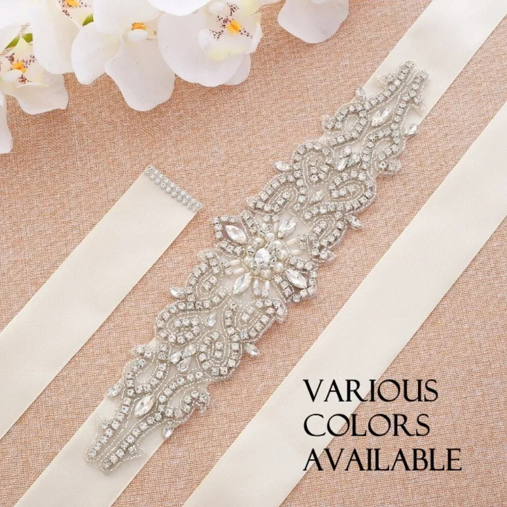 Wedding dress sash satin bow crystals sparkly elegant brand new great condition